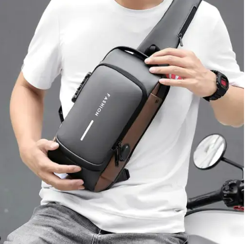 Anti-Theft Lock Sling Chest Bag - Grey/Brown