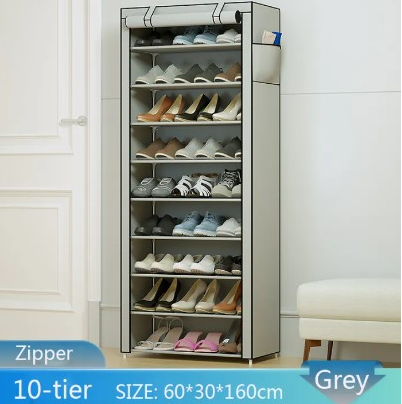 10-Tier Covered Shoe Rack Organizer - Grey
