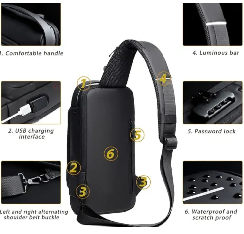 Anti-Theft Lock Sling Chest Bag - Black/Brown