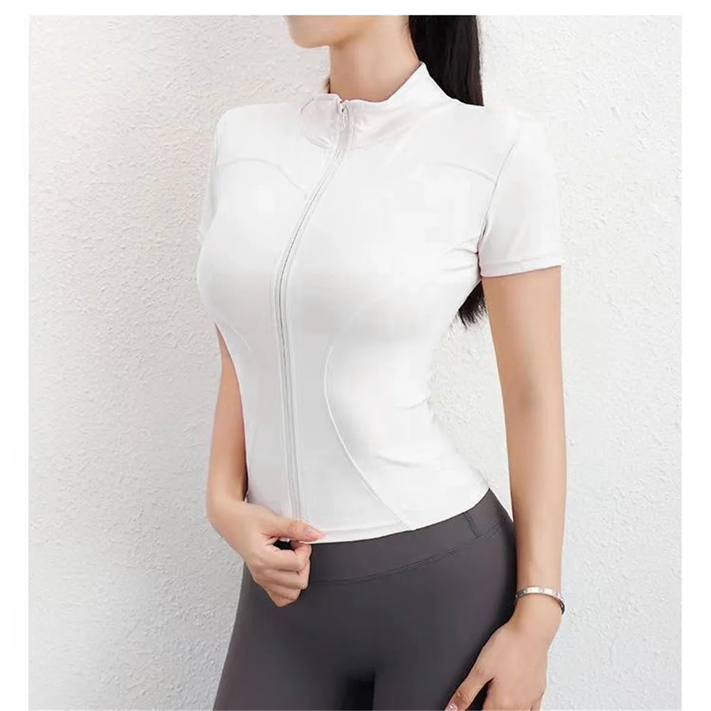 Women Summer Slim Yoga Tops Stand Collar Full Zipper Short Sleeves Shirts Solid Workout Clothes Gym Running Coats Lady Casual
