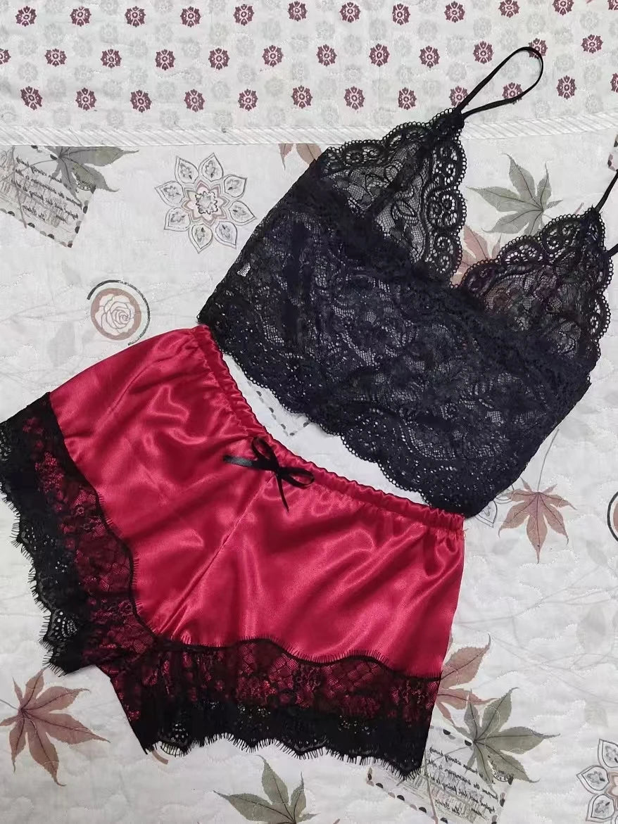 2025 Summer 2 Pcs Women's New Sexy Lace See-Through Pajamas Black Pink Cute Clothes Comfortable Breathable Suspender Shorts Set