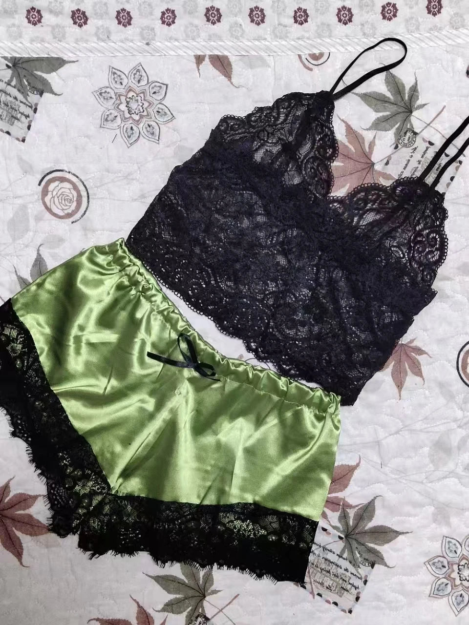 2025 Summer 2 Pcs Women's New Sexy Lace See-Through Pajamas Black Pink Cute Clothes Comfortable Breathable Suspender Shorts Set