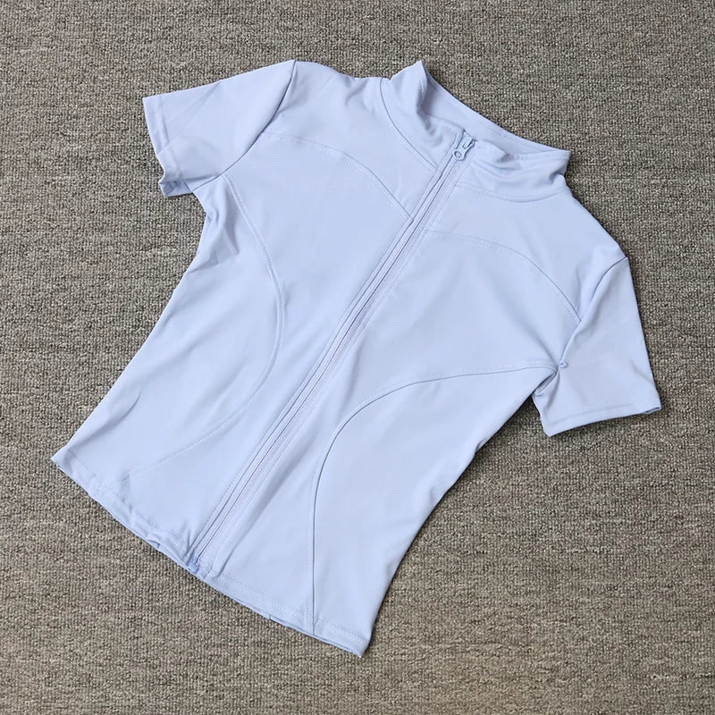 Summer Solid Zipper Slimming Coat Women Short Sleeve Stand Collar Cycling Running Tops Female Gym Sports Workout Clothes Street