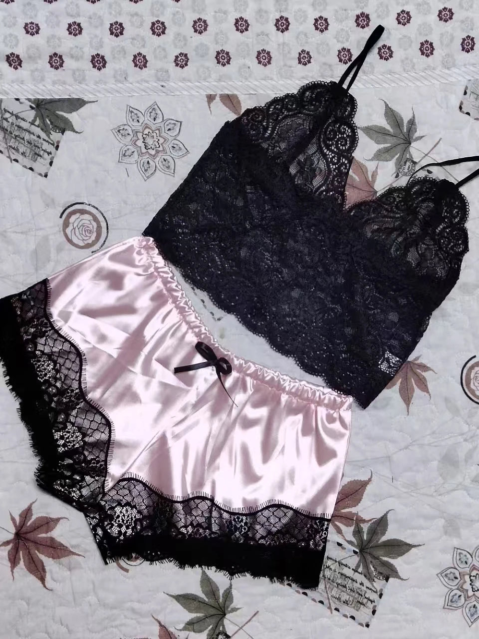 2025 Summer 2 Pcs Women's New Sexy Lace See-Through Pajamas Black Pink Cute Clothes Comfortable Breathable Suspender Shorts Set