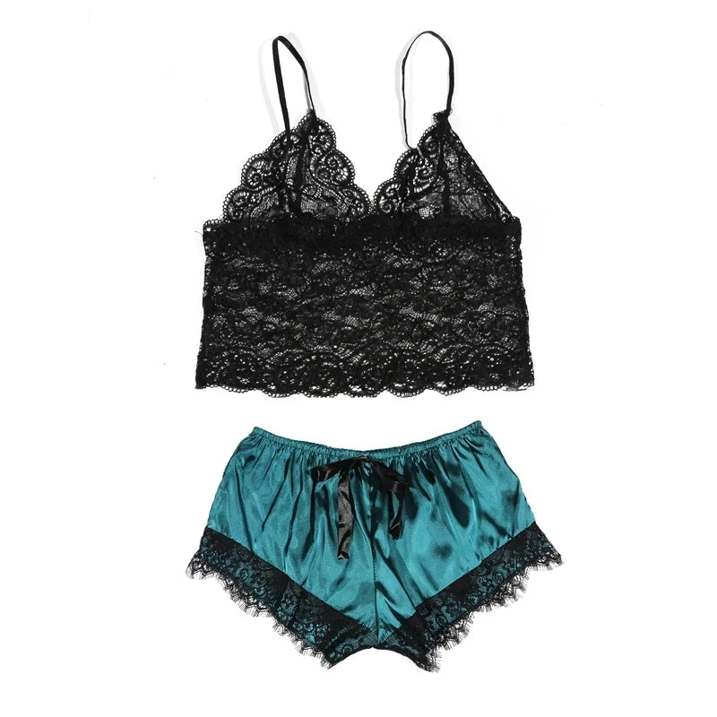 2025 Summer 2 Pcs Women's New Sexy Lace See-Through Pajamas Black Pink Cute Clothes Comfortable Breathable Suspender Shorts Set