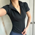 Women Summer Slim Yoga Tops Stand Collar Full Zipper Short Sleeves Shirts Solid Workout Clothes Gym Running Coats Lady Casual